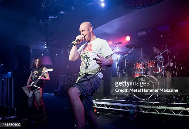 Vocalist Joe Thompson and guitarist Jason Putter of English heavy metal group One For Sorrow performing live on stage at Hammerfest music festival in...
