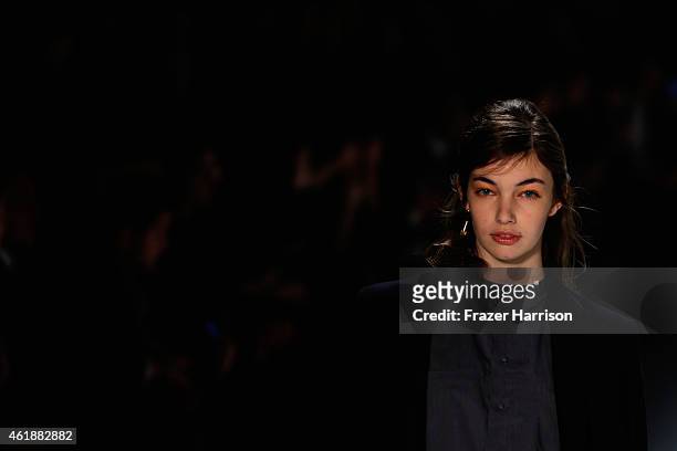 Model walks the runway at the William Fan during the Mercedes-Benz Fashion Week Berlin Autumn/Winter 2015/16 at Brandenburg Gate on January 21, 2015...