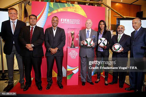 Secretary General, Jerome Valcke, Cafu, CBF President Jose Maria Marin, Bruna, Brazilian Sports Minister, George Hilton and CBF President-elect Marco...