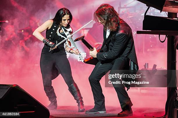Violinist Asha Mevlana and guitarist Al Pitrelli of American progressive rock group Trans-Siberian Orchestra performing live on stage at the...