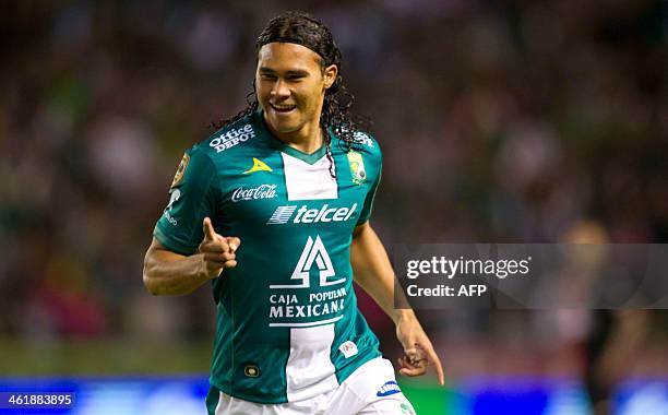 Carlos Pena of Leon celebrates his goal against Atlas, during the Clausura 2014 tournament at the stadium Nou Camp on January 11, 2014 in Leon,...