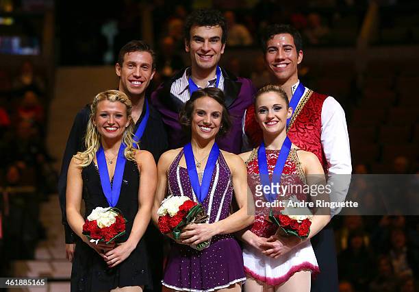 Kirsten Moore-Towers, Dylan Moscovitch, Meagan Duhamel, Eric Radford, Paige Lawrence and Rudi Swiegers stand on the podium with their Senior Pair's...
