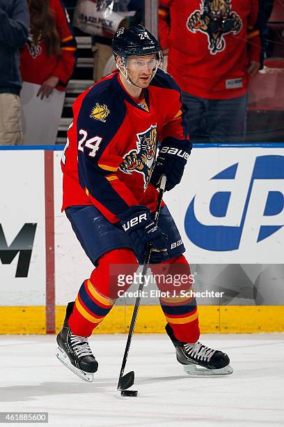 Brad Boyes of the Florida Panthers skates with the puck prior to the start of the game against the Vancouver Canucks at the BB&T Center on January...