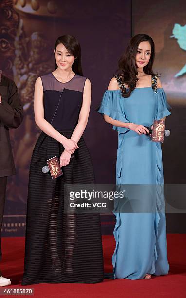 Actress Lin Peng and actress Wang Ruoxin attend director Daniel Lee's film "Dragon Blade" press conference on January 21, 2015 in Beijing, China.