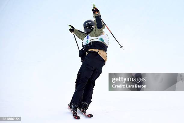 Fabian Boesch of Switzerland celebrates after winning the Men's Freestyle Skiing Slopestyle Final of the FIS Freestyle Ski and Snowboard World...