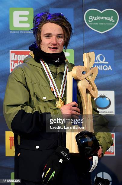 Gold medallist Fabian Boesch of Switzerland celebrates after winning the Men's Freestyle Skiing Slopestyle Final of the FIS Freestyle Ski and...