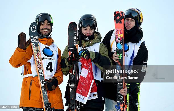 Gold medallist Fabian Boesch of Switzerland celebrates with slver medallist Russell Henshaw of Australia and bronze medallist Noah Wallace of USA...