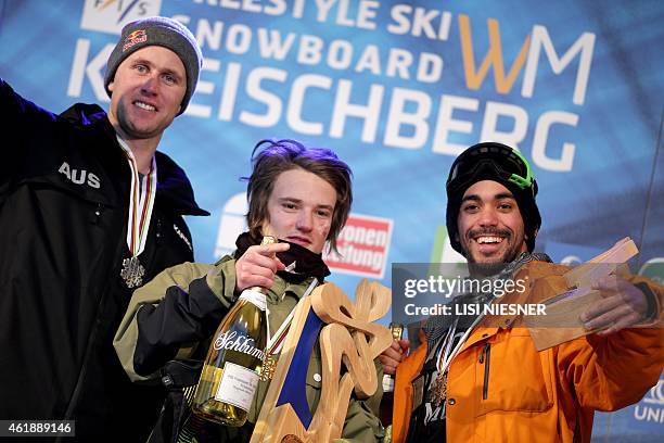 First placed Switzerland's Fabian Boesch, second placed Australia's Russell Henshaw and third placed Noah Wallace from the US celebrate on the podium...