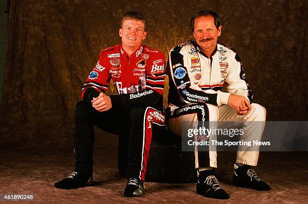 Dale Earnhardt and Dale Earnhardt Jr. Pose for a photo on October 5, 1999 in Mooresville, North Carolina.