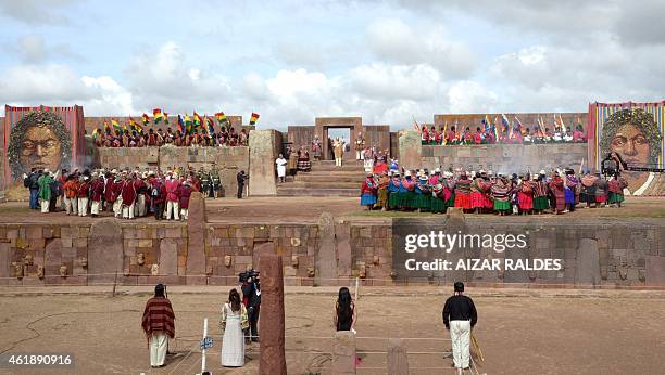 Reelected Bolivian President Evo Morales sings the national anthem during a ritual ceremony at the Kalasasaya temple in the archaeological site of...