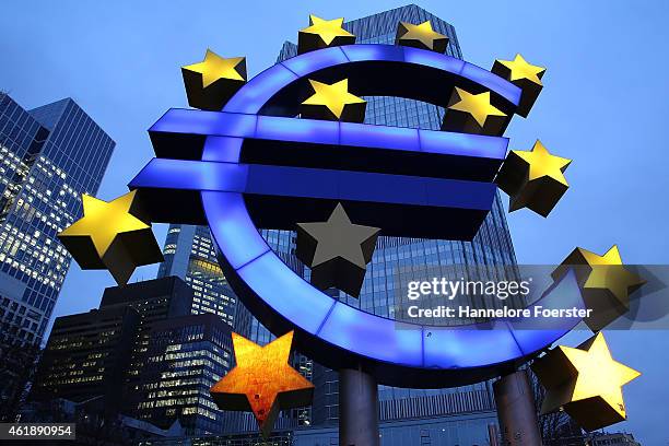 The symbol of the Euro, the currency of the Eurozone, stands illuminated on January 21, 2015 in Frankfurt, Germany. The European Central Bank is...