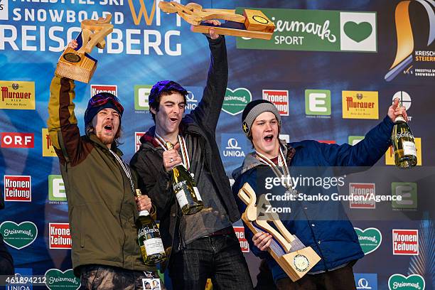 Roope Tonteri of Finland takes 2nd place, Ryan Stassel of the USA takes 1st place, Kyle Mack of the USA takes 3rd place during the FIS Snowboard...
