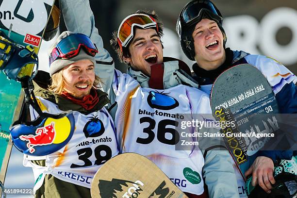 Roope Tonteri of Finland takes 2nd place, Ryan Stassel of the USA takes 1st place, Kyle Mack of the USA takes 3rd place during the FIS Snowboard...