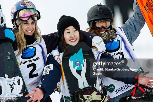 Anna Gasser of Austria takes 2nd place, Miyabi Onitsuka of Japan takes 1st place, Klaudia Medlova of Slovakia takes 3rd place during the FIS...