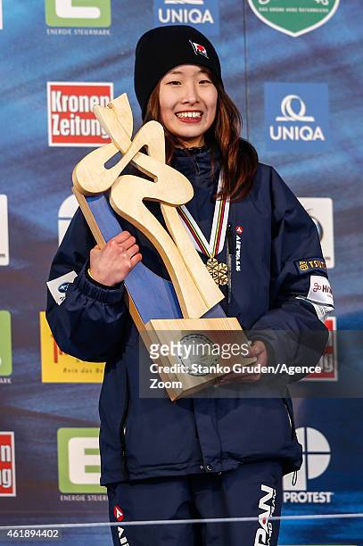Miyabi Onitsuka of Japan takes 1st place during the FIS Snowboard World Championships Men's and Women's Slopestyle on January 21, 2015 in...