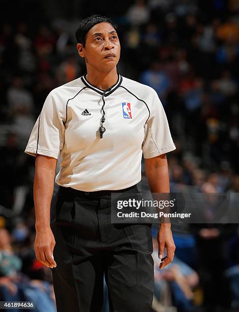 Referee Violet Palmer oversees the action between the Orlando Magic and the Denver Nuggets at Pepsi Center on January 7, 2015 in Denver, Colorado....