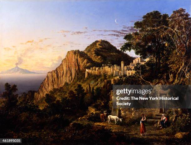 Painting of a landscape with view of Mt Vesuvius, the Palace of Tiberius, and the bay of Naples all from the island of Capril; maidens and bulls in...