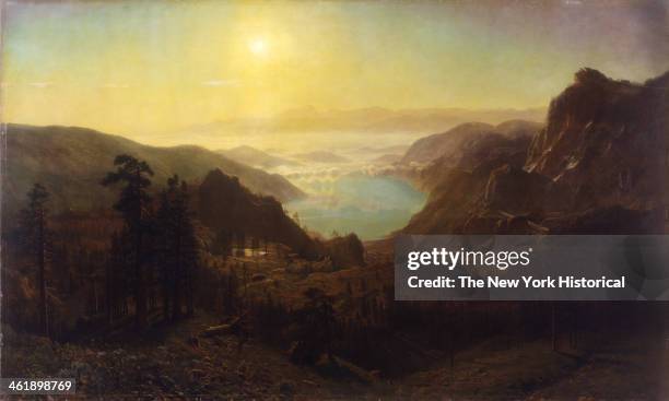 Painting of a landscape which depicts the summit at which the Central Railroad reaches its highest passage over the Sierra Nevada Mountain Range in...