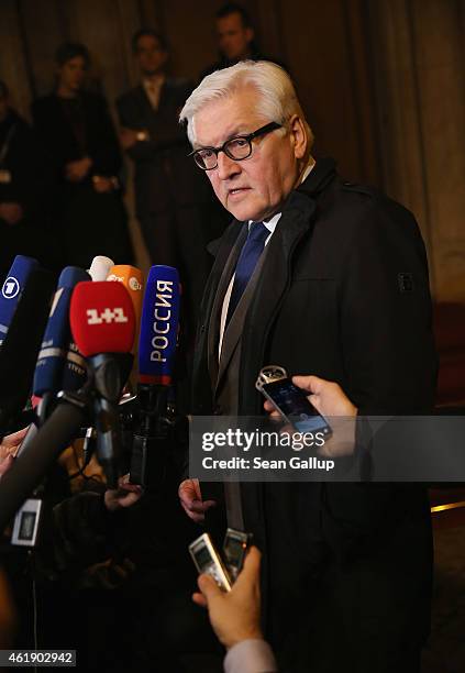 German Foreign Minister Frank-Walter Steinmeier gives statements to the media prior to meeting with Russian Foreign Minister Sergey Lavrov, Ukrainian...