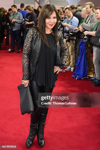 Simone Thomalla attends the Guido Maria Kretschmer show during the Mercedes-Benz Fashion Week Berlin Autumn/Winter 2015/16 at Brandenburg Gate on...