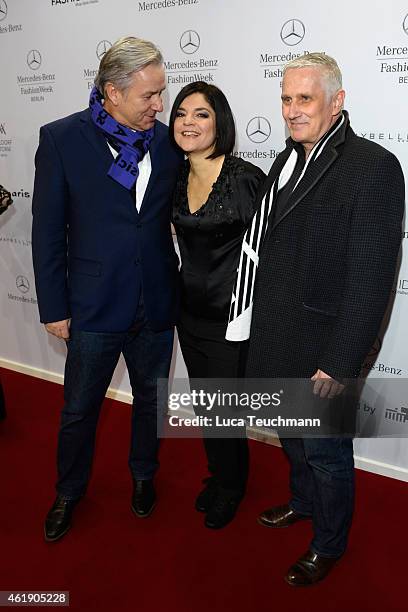 Klaus Wowereit , Jasmin Tabatabai and Joern Kubicki attend the Guido Maria Kretschmer show during the Mercedes-Benz Fashion Week Berlin Autumn/Winter...