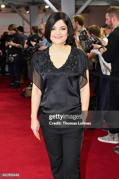 Jasmin Tabatabai attends the Guido Maria Kretschmer show during the Mercedes-Benz Fashion Week Berlin Autumn/Winter 2015/16 at Brandenburg Gate on...