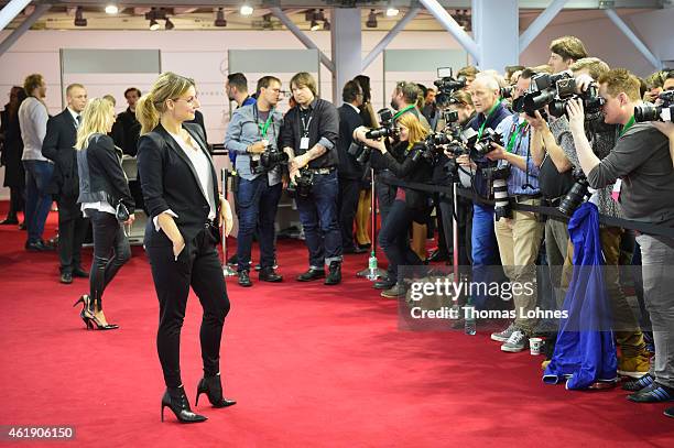 Kim Fisher attends the Guido Maria Kretschmer show during the Mercedes-Benz Fashion Week Berlin Autumn/Winter 2015/16 at Brandenburg Gate on January...