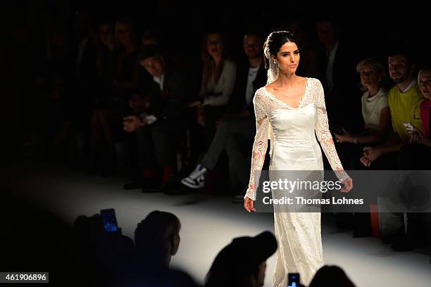 Model Zoe Helali walks the runway at the Guido Maria Kretschmer show during the Mercedes-Benz Fashion Week Berlin Autumn/Winter 2015/16 at...