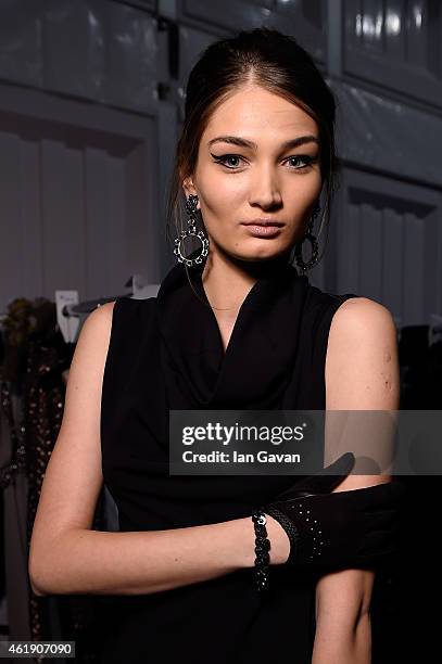 Model seen backstage ahead of the Guido Maria Kretschmer show during the Mercedes-Benz Fashion Week Berlin Autumn/Winter 2015/16 at Brandenburg Gate...