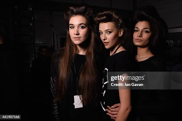 Models seen backstage ahead of the Guido Maria Kretschmer show during the Mercedes-Benz Fashion Week Berlin Autumn/Winter 2015/16 at Brandenburg Gate...