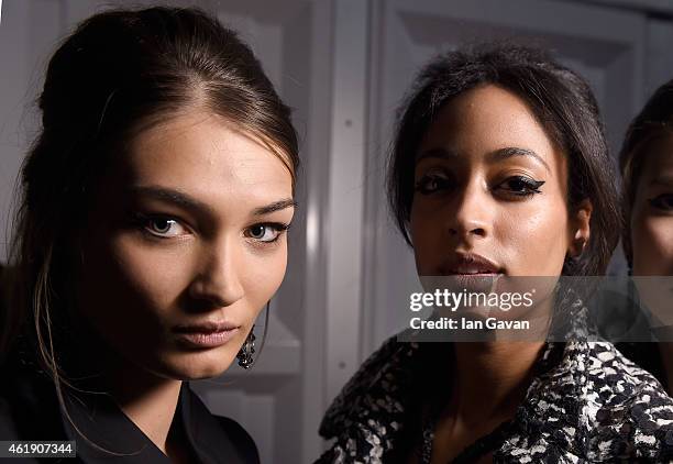 Models seen backstage ahead of the Guido Maria Kretschmer show during the Mercedes-Benz Fashion Week Berlin Autumn/Winter 2015/16 at Brandenburg Gate...