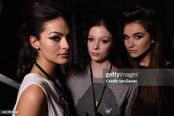 Models seen backstage ahead of the Guido Maria Kretschmer show during the Mercedes-Benz Fashion Week Berlin Autumn/Winter 2015/16 at Brandenburg Gate...