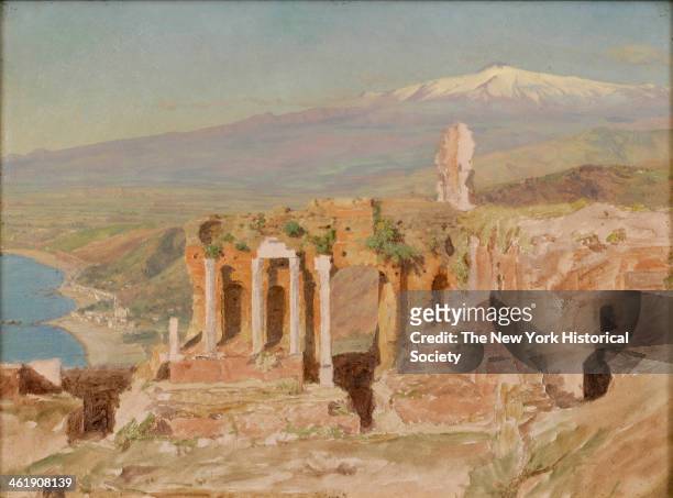 Painting of a landscape View of the Ruins of the Greek Theater at Taormina and Mount Etna, Sicily, 1868.