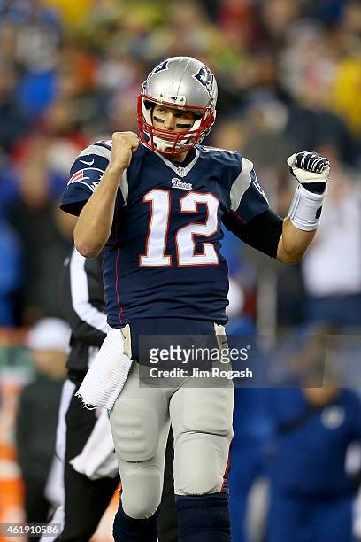 Tom Brady of the New England Patriots reacts against the Indianapolis Colts of the 2015 AFC Championship Game at Gillette Stadium on January 18, 2015...