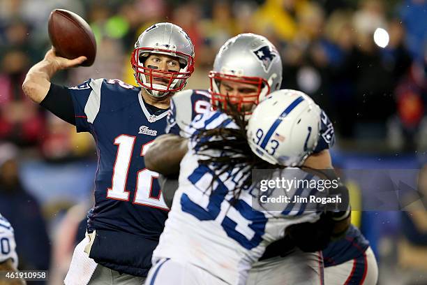 Tom Brady of the New England Patriots in action against the Indianapolis Colts of the 2015 AFC Championship Game at Gillette Stadium on January 18,...