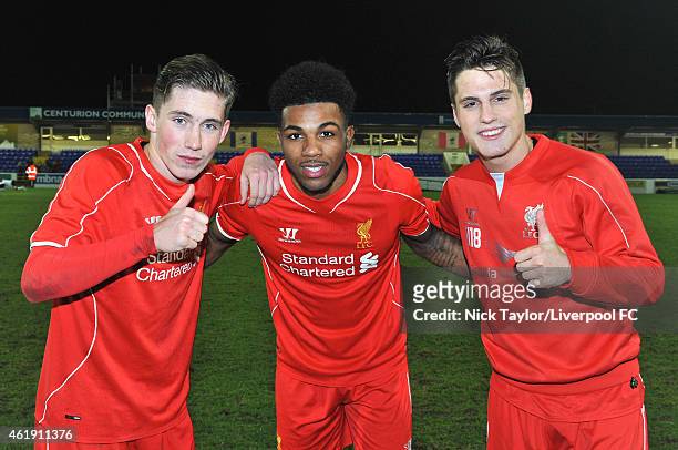 Harry Wilson, Jerome Sinclair and Sergi Canos of Liverpool celebrate after all scoring during the match between Liverpool U18 and Derby County U18 in...