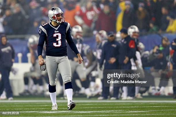 Stephen Gostkowski of the New England Patriots looks on after kicking a 21 yard field goal in the second quarter against the Indianapolis Colts of...
