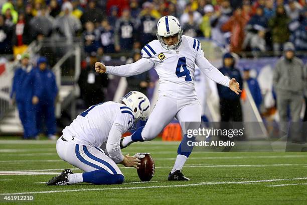 Adam Vinatieri of the Indianapolis Colts kicks and misses a 47 yard field goal in the first quarter against the New England Patriots of the 2015 AFC...