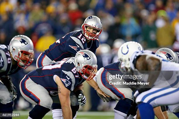 Tom Brady of the New England Patriots calls a play in the first quarter against the Indianapolis Colts of the 2015 AFC Championship Game at Gillette...