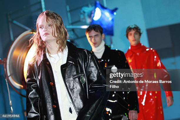 Model walks the runway during the Raf Simons Menswear Fall/Winter 2015-2016 show as part of Paris Fashion Week on January 21, 2015 in Paris, France.