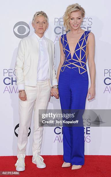 Ellen DeGeneres and Portia de Rossi arrive at The 41st Annual People's Choice Awards at Nokia Theatre L.A. Live on January 7, 2015 in Los Angeles,...