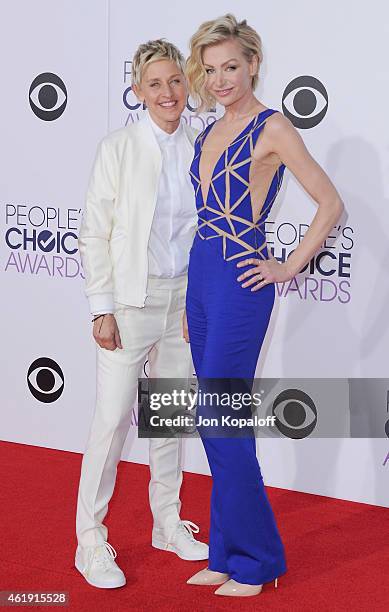 Ellen DeGeneres and Portia de Rossi arrive at The 41st Annual People's Choice Awards at Nokia Theatre L.A. Live on January 7, 2015 in Los Angeles,...