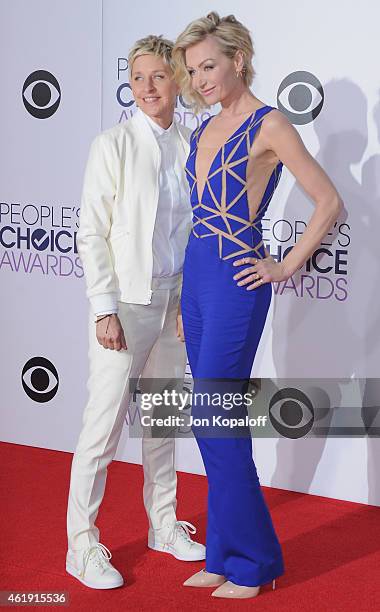 Ellen DeGeneres and Portia de Rossi arrive at The 41st Annual People's Choice Awards at Nokia Theatre L.A. Live on January 7, 2015 in Los Angeles,...