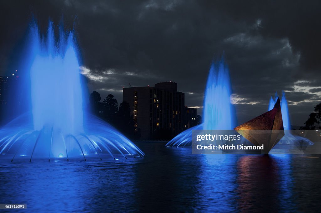 Blue fountains in downtown Los Angeles