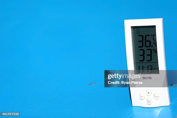 An on court temperature gague shows the morning temperature of 36.4 degrees celsius during day four of the 2015 Australian Open at Melbourne Park on...