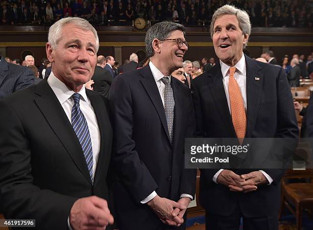 Defense Chuck Hagel, Secretary of the Treasury Jacob Lew and Secretary of State John Kerry await the State of the Union address by President Barack...