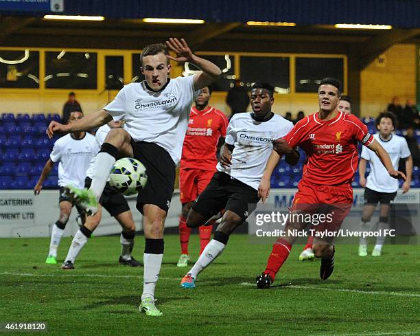 Charles Vernam of Derby County clears the ball inside his own penalty area during the FA Youth Cup 4th Round fixture between Liverpool and Derby...