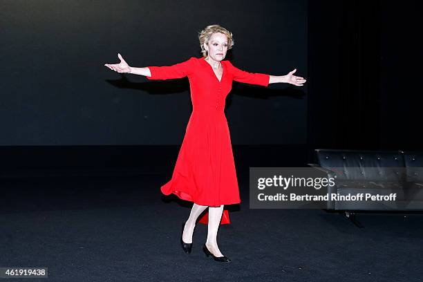 Actress Caroline Silhol acknowledges the applause of the audience at the end of 'La Maison d'a cote' Theater Play at Theatre du Petit Saint Martin on...