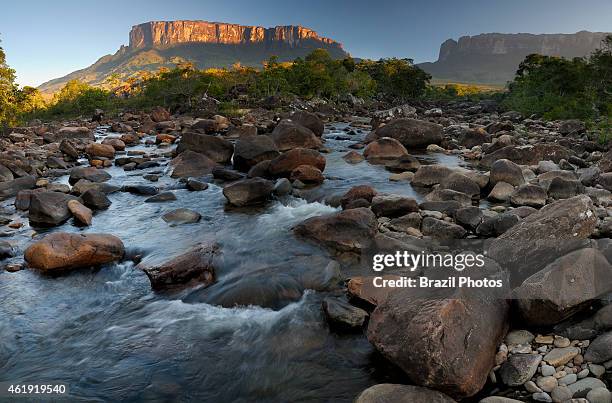 Sunrise at Kukenan river, Mount Kukenan or Mount Cuquenan at left and Mount Roraima at right in the background, in the southeastern corner of...