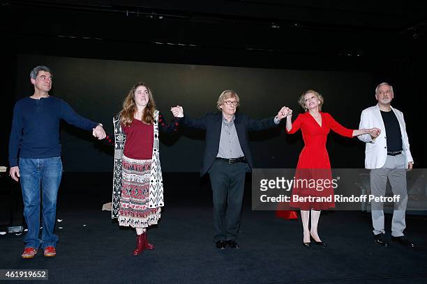 Actors Stephane Comby, Lena Breban, Stage Director Philippe Adrien, actors Caroline Silhol and Herve Dubourjal acknowledge the applause of the...
